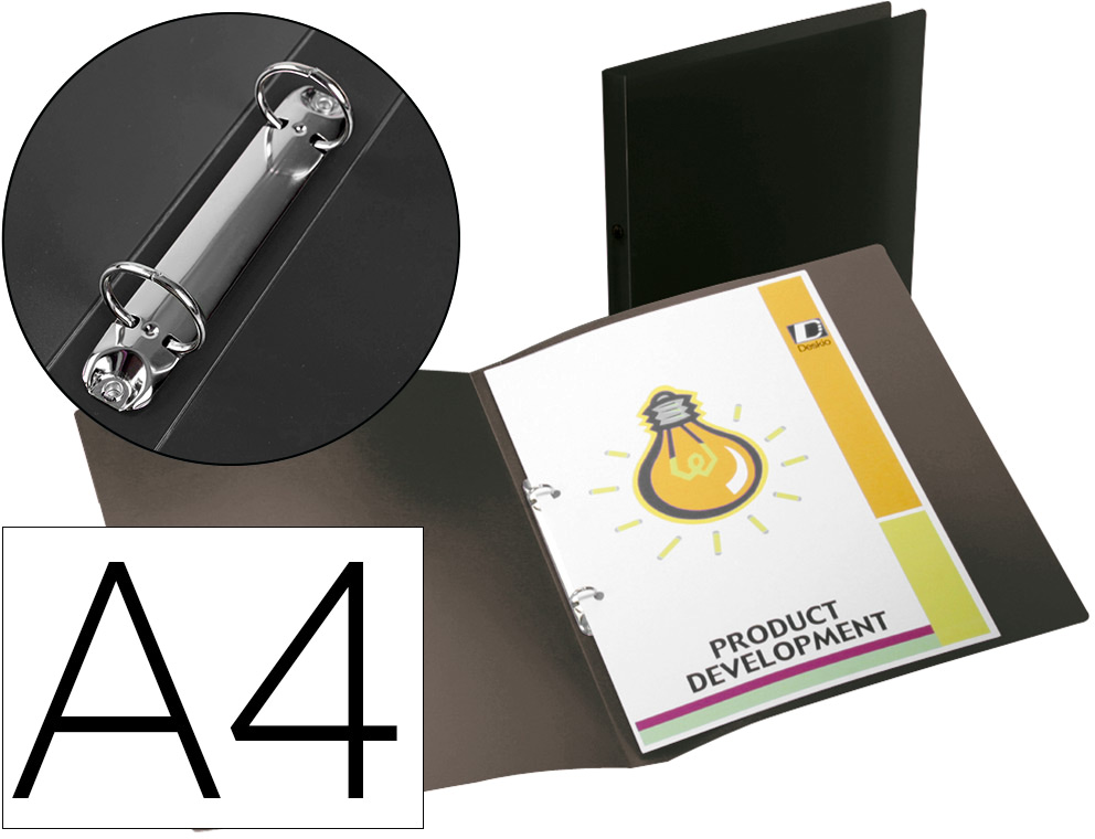 Pasta 2 Aneis Redondas Mini 15 Mm Polipropileno Din A4 Preto Opaco