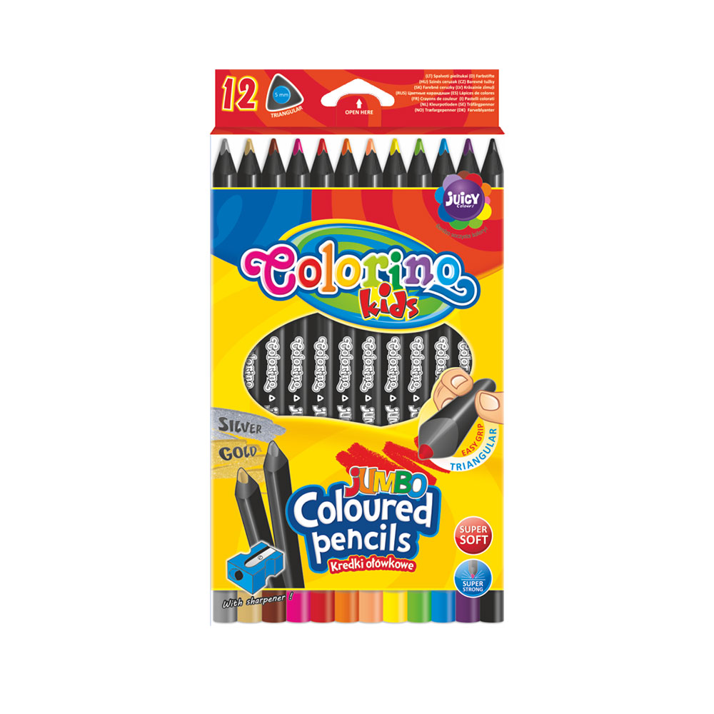 Jumbo Triangular Coloured Pencils 12 Colours + Sharpener BW