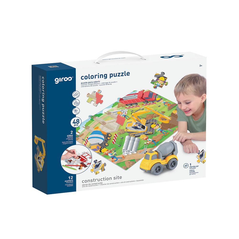 Giros Play Puzzle Colorir 2 Faces + Carro 48 Pcs Contruções