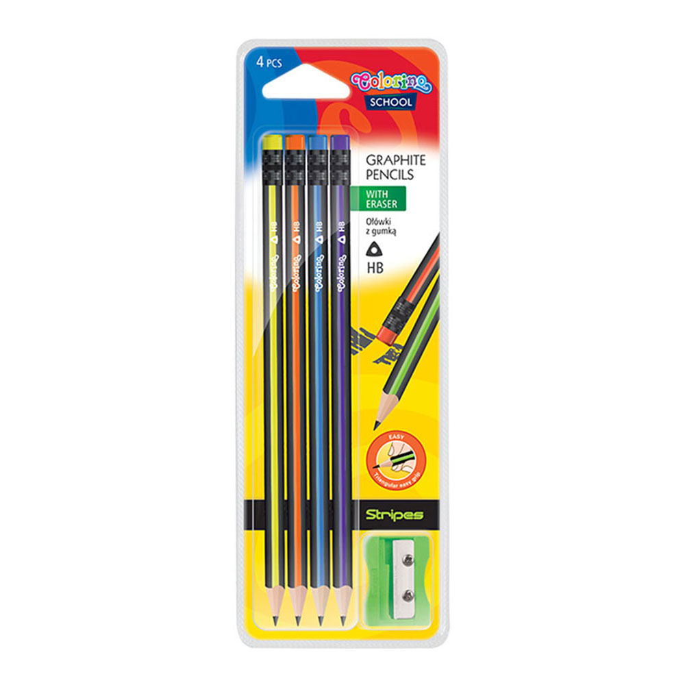 Triangular pencils HB + sharpener blister 4 pcs