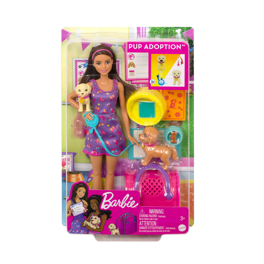 Barbie Adopts Puppy  Purple Dress
