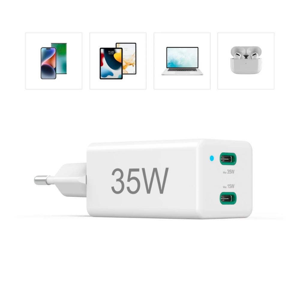 Carregador USB-C 2 Portas 35W Rápido Branco