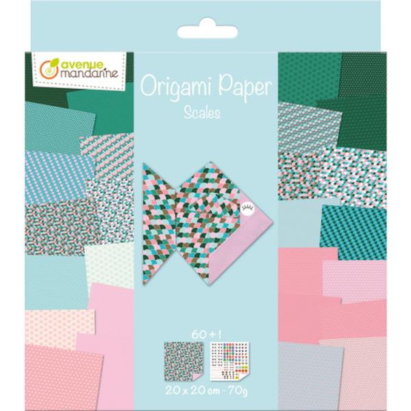 Papel para Origami 20x20cm - Escamas Tons Rosa Verdes