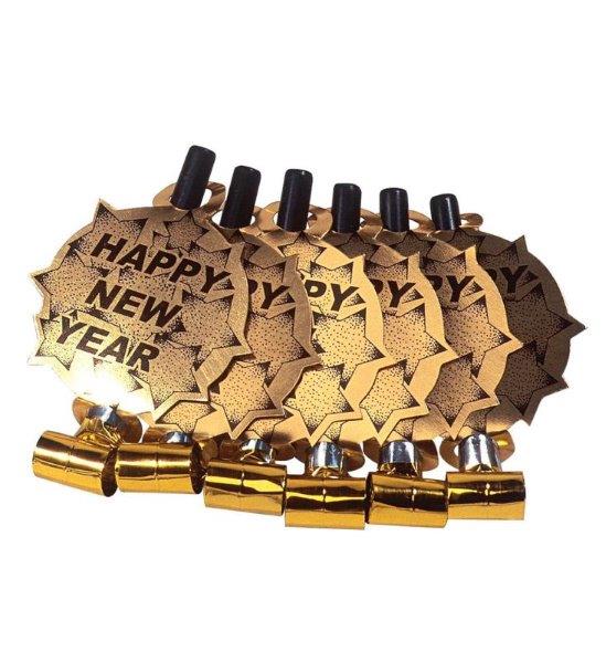 6 Matasuegras Happy New Year Oro