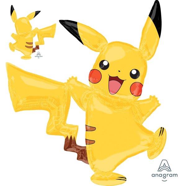 Pokémon pikachu está sentado em um pequeno guarda-chuva com balões em torno  dele.