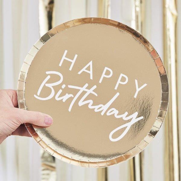 Pratos Foil Happy Birthday - Ouro
