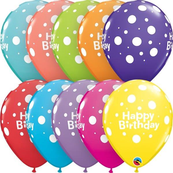 6 Globos estampados Happy Birthday Big Polka Dots Qualatex