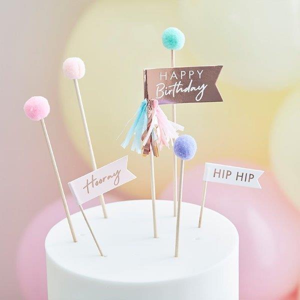 Topper para tarta Pom Pom Happy Birthday