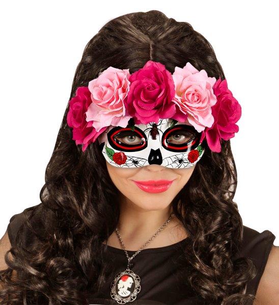 Máscara Día de los Muertos con Flores Rojas y Rosa Widmann