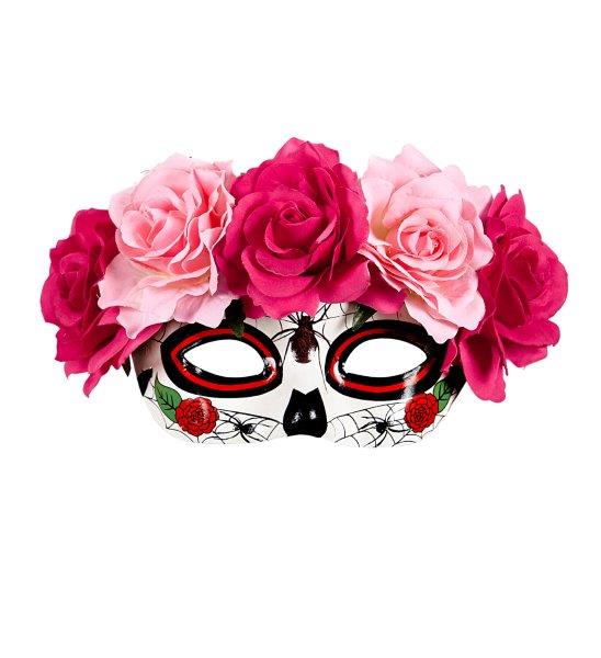 Máscara Dia dos Mortos com Flores Vermelhas e Rosa