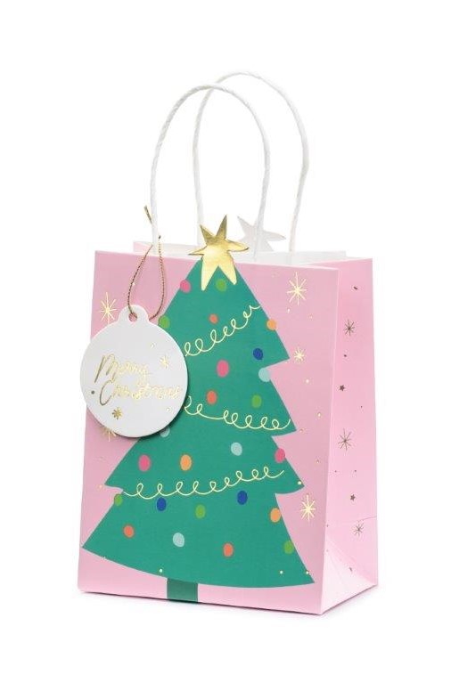 Saco Presente Árvore de Natal fundo Rosa PartyDeco