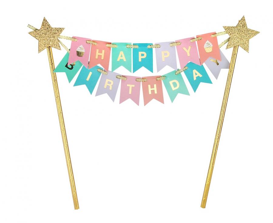 Topper para tarta de happy birthday con banderas en colores