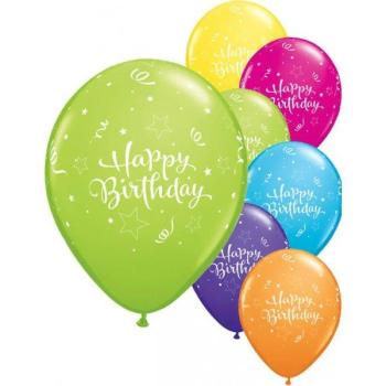 6 Balões 11" impressos Happy Birthday Tropical Qualatex