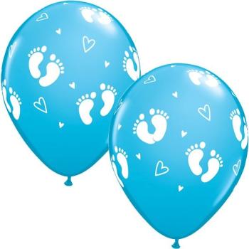 25 Globos 11" estampados Baby Footprints & Hearts - Azul Qualatex