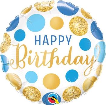 Balão Foil 18" Happy Birthday Blue & Gold Dots Qualatex