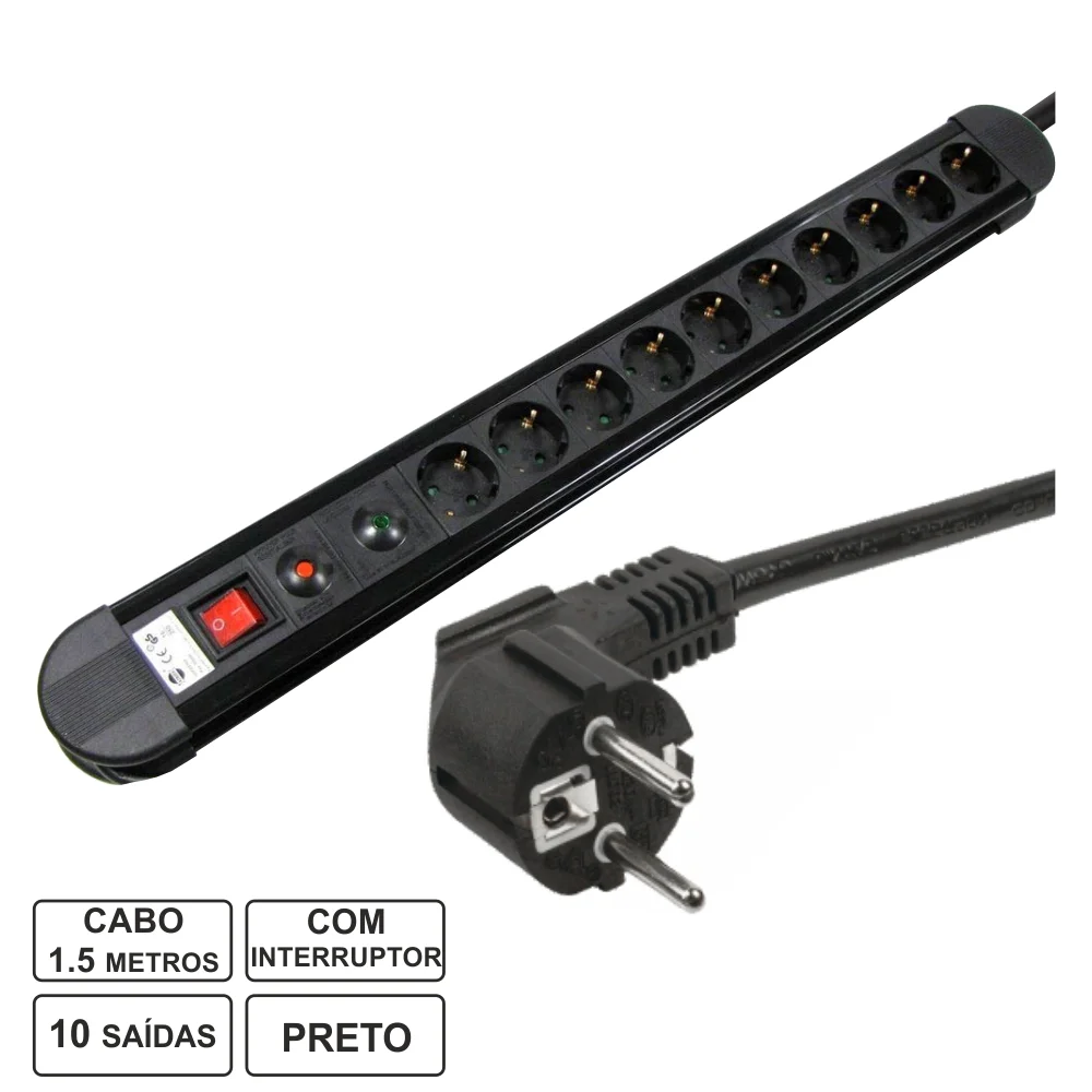 Extensão Eléctrica 10 Saídas 1.5m Protecção Sobrecarga Edh