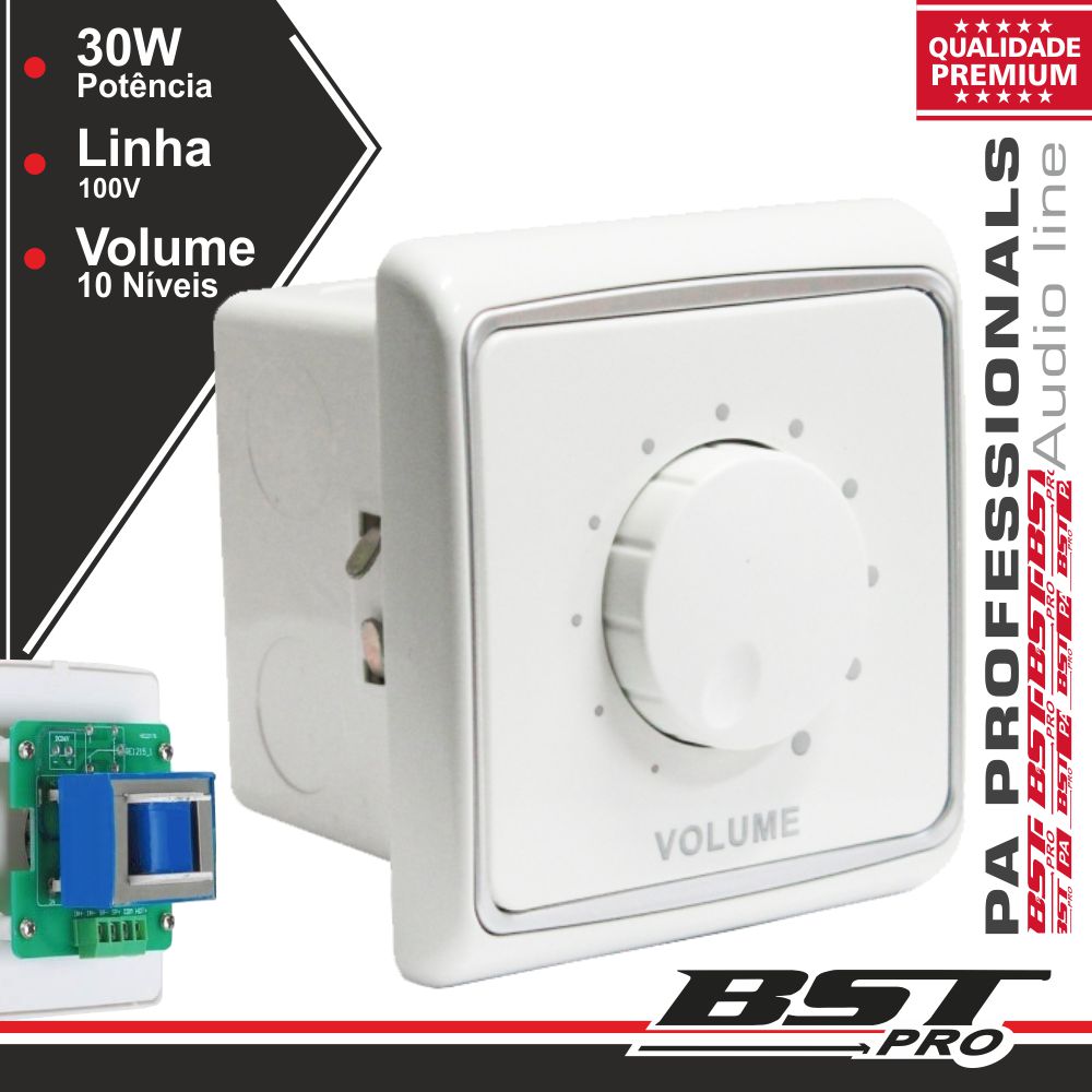 Regulador De Som 30w 100v Branco De Embutir