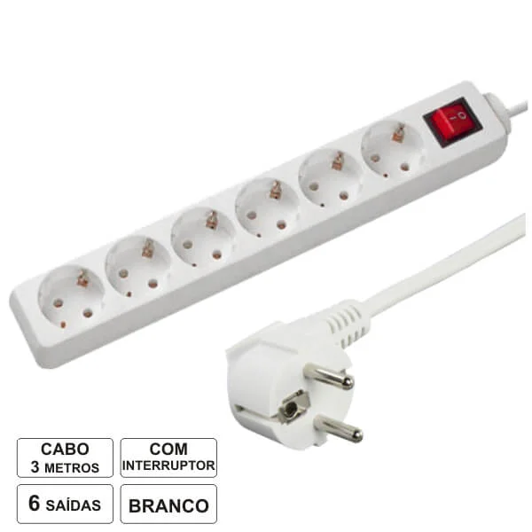 Extensão Eléctrica 6 Saídas Schuko 3m C/ Interruptor