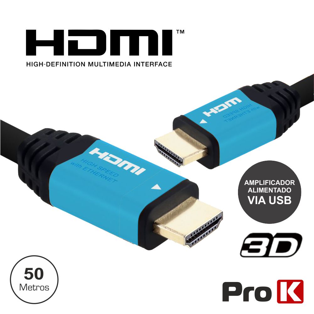 Cabo Hdmi 1.4 Macho / Macho 50m Preto Com Amplificador 
