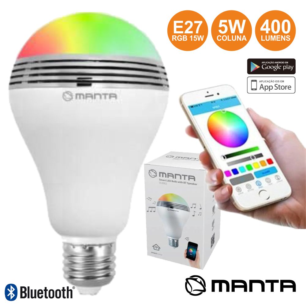 Lâmpada Led E27 4w Rgb Com Coluna Bluetooth 5w