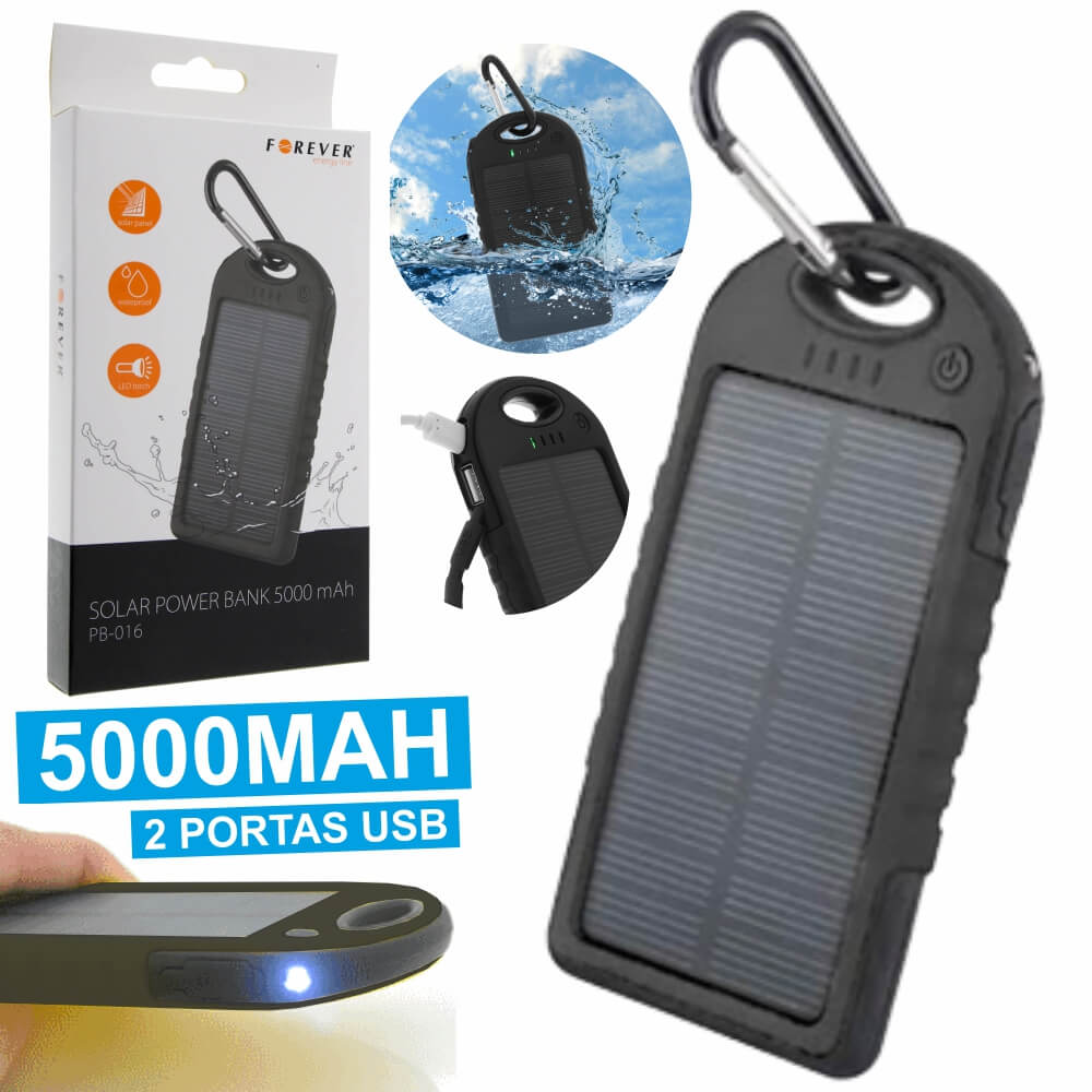 Powerbank 5000ma Preto C/ Painel Solar E 2 Usb