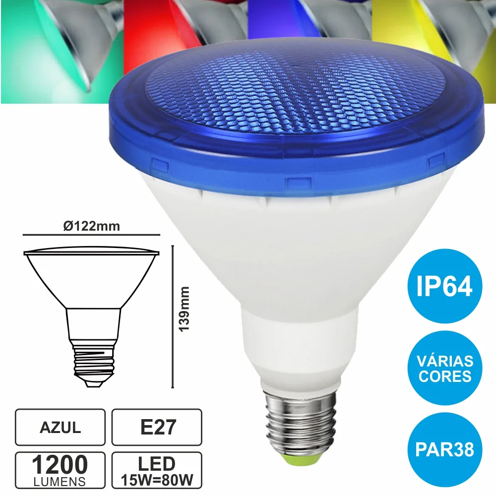Lâmpada E27 15w=80w 230v Led Par38 Azul Ip64 1200lm