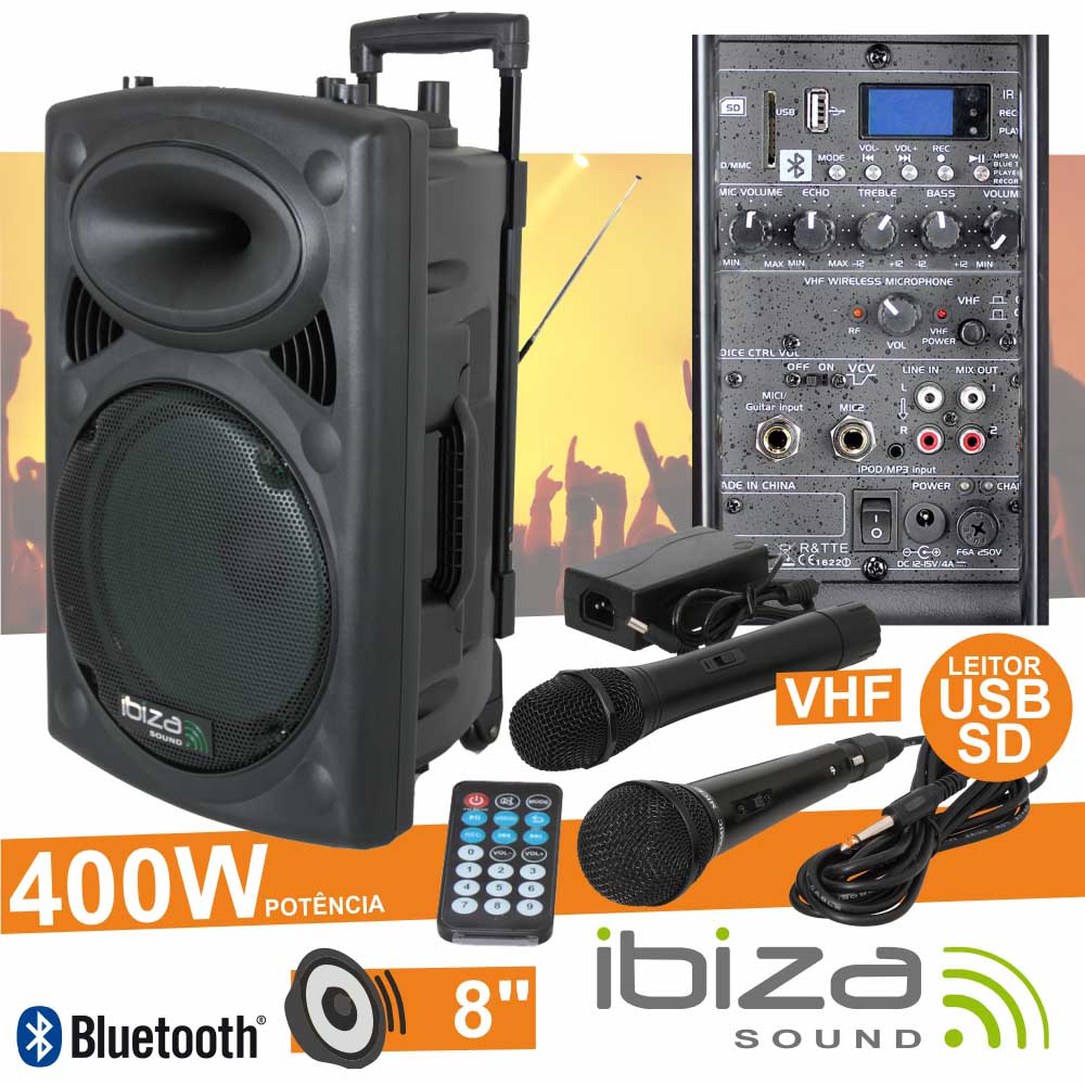 Coluna Amplificada 8 400w Usb/Bt/Sd/Bat Vhf Preta 