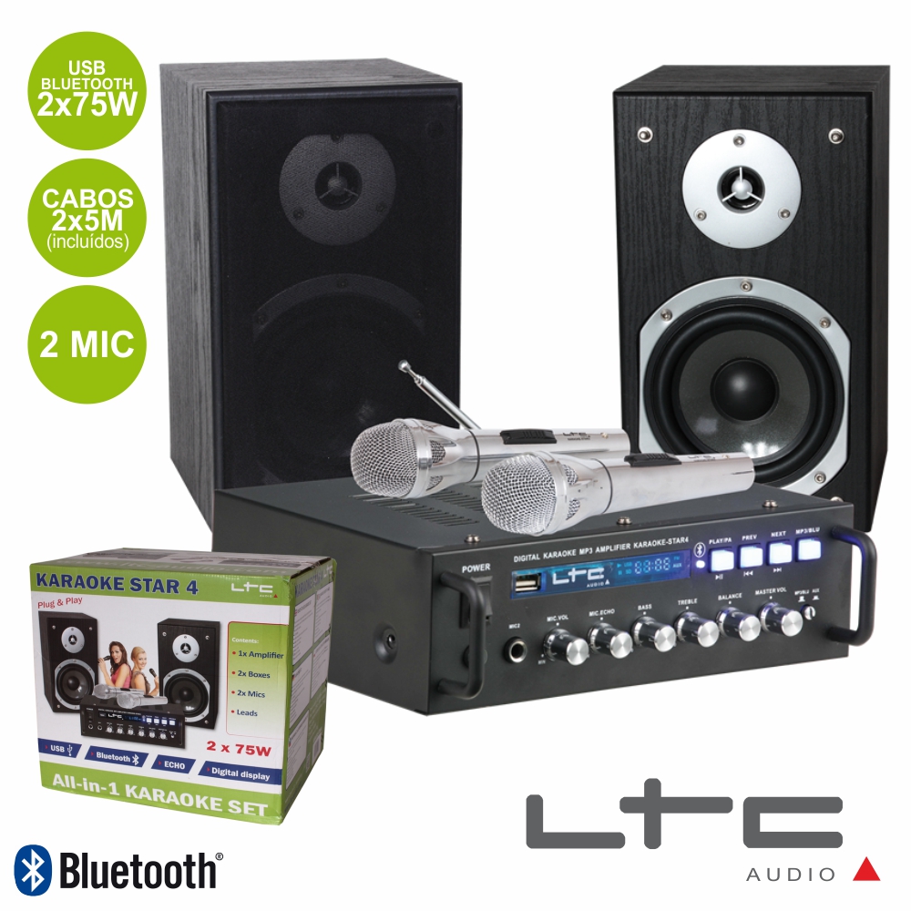 Conjunto Karaoke Amplificador 2x75w 2 Colunas 2mic Bt 