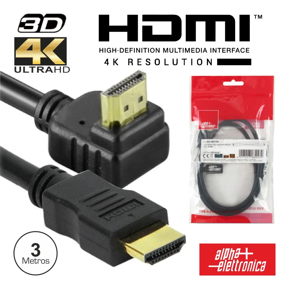 Cabo Hdmi Dourado Macho / Macho 2.0 4k Preto 3m 90º