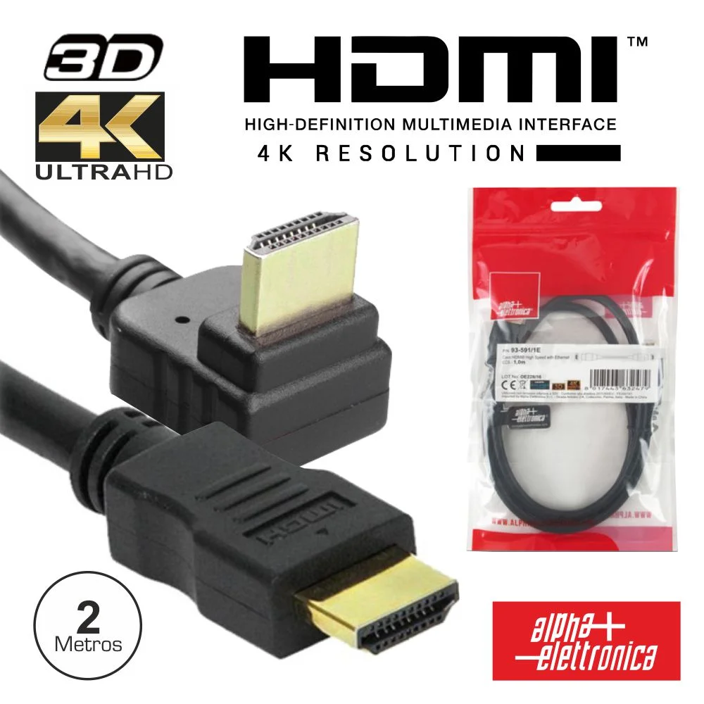 Cabo Hdmi Dourado Macho / Macho 2.0 4k Preto 2m 90º