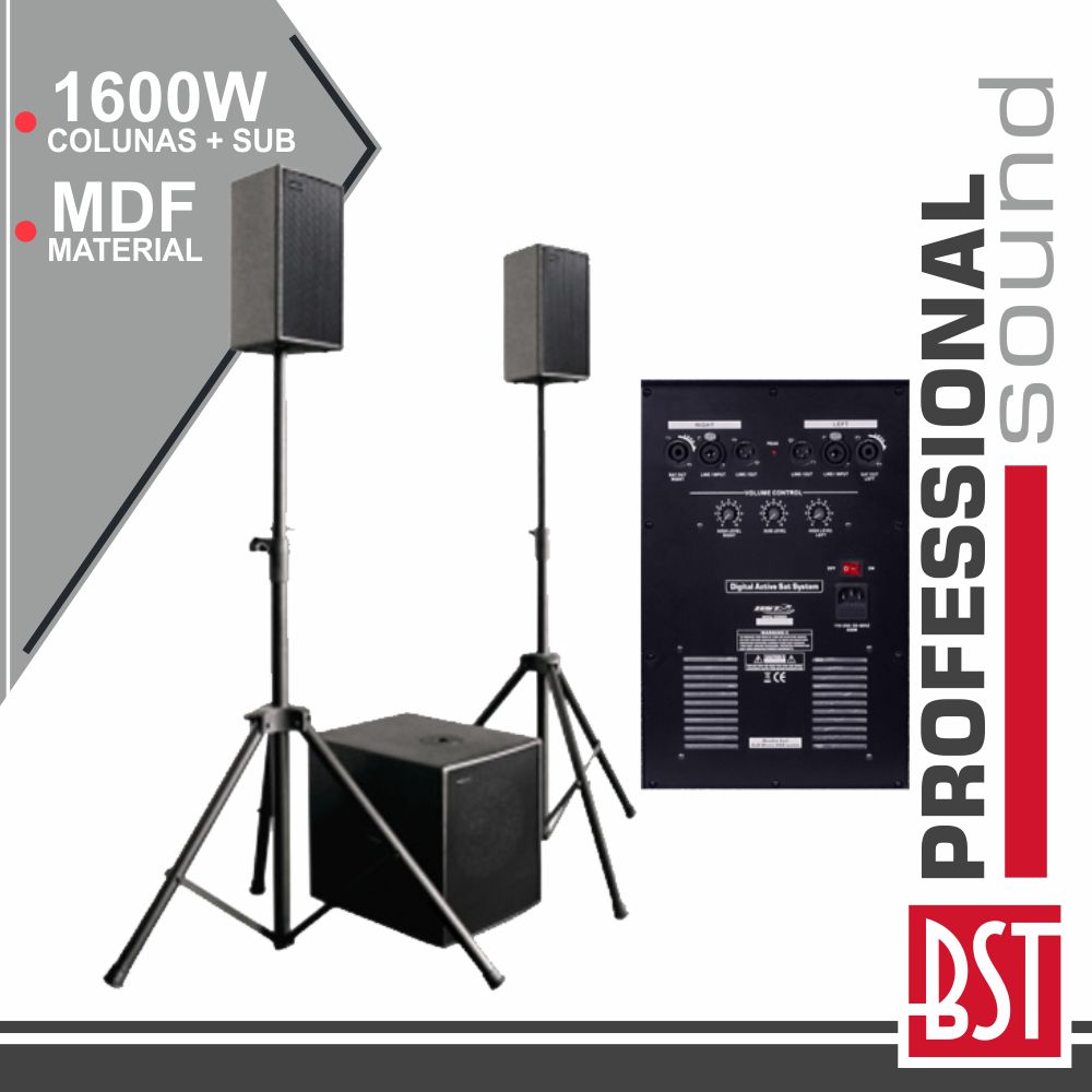 Conjunto Som Bi-Amplificado Pro 2.1 1600wmáx Mdf 