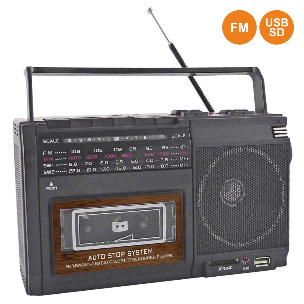 Rádio Portátil Am/Fm 8w Cassete/Usb/Sd Retro