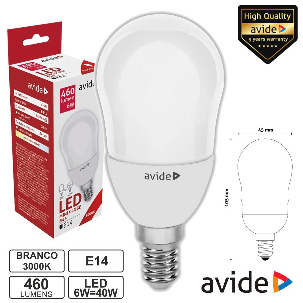 Lâmpada Led E14 Globo B45 6w 230v 3000k 460lm Avide