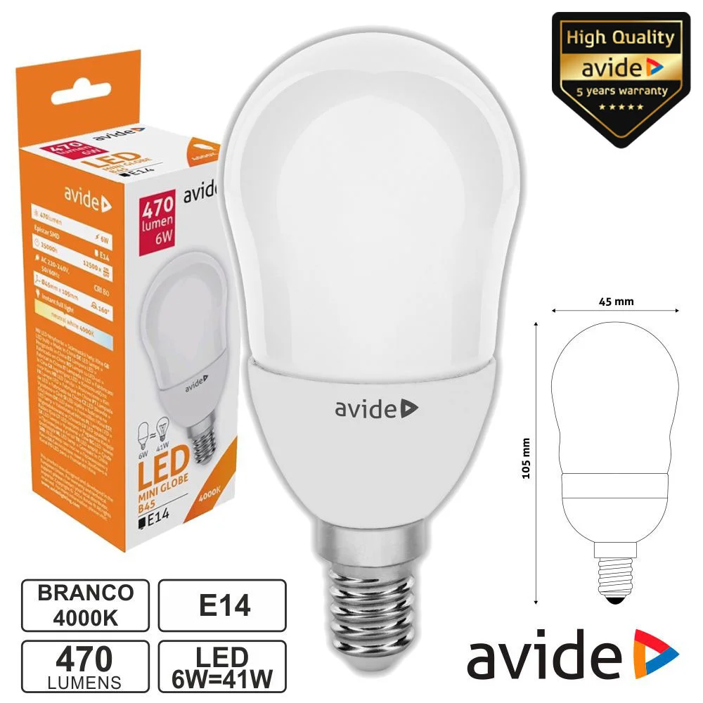 Lâmpada Led E14 Globo B45 6w 230v 4000k 470lm Avide