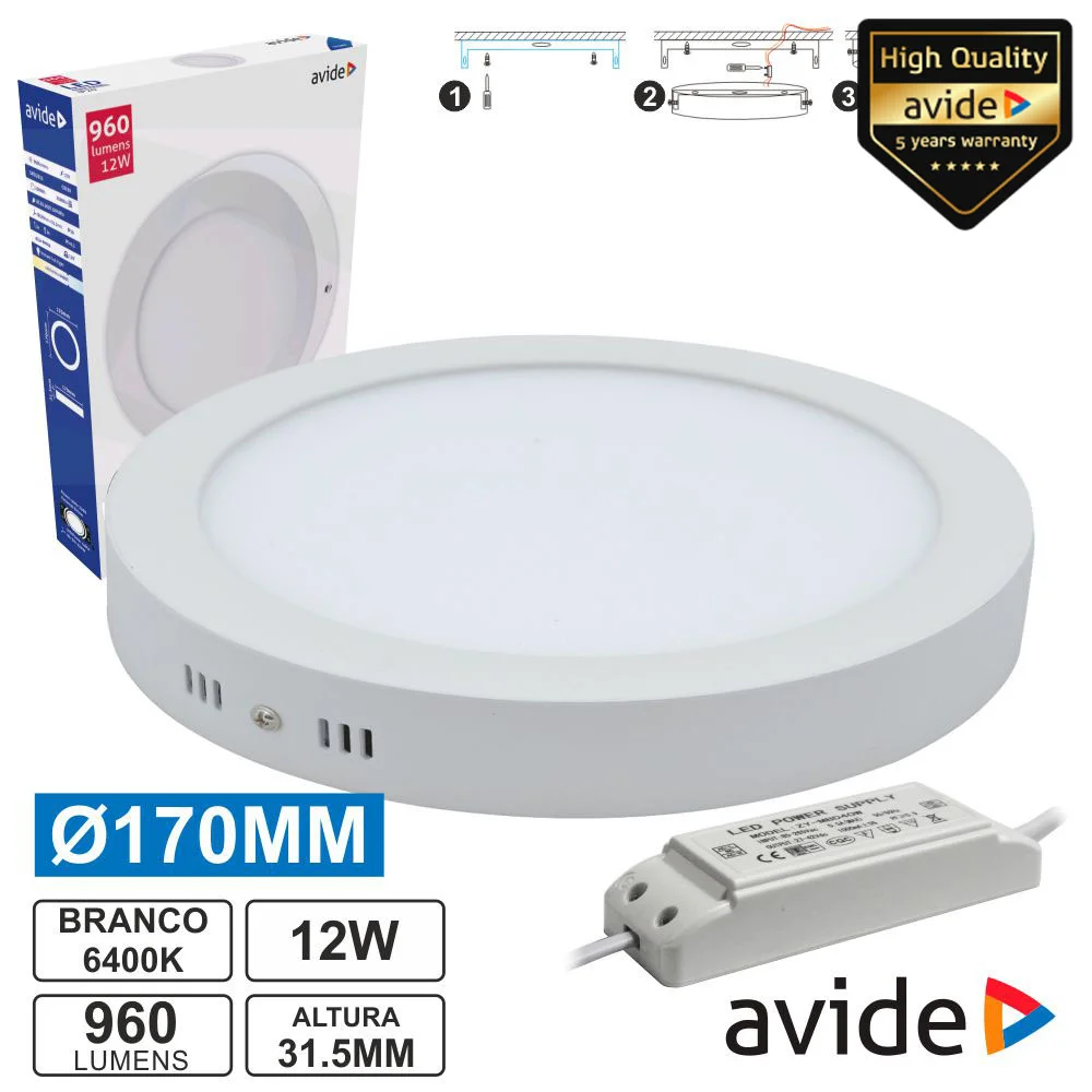Painel Leds Redondo Superfície 12w 170mm 6400k 960lm Avide