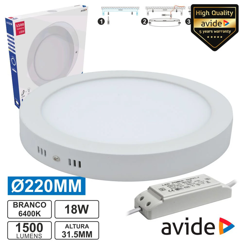 Painel Leds Redondo Superfície 18w 220mm 6400k 1500lm Avide