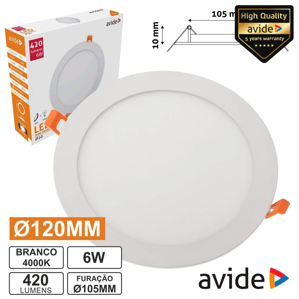 Painel Leds Redondo 6w 120mm 4000k 420lm Avide