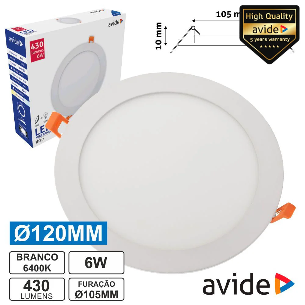 Painel Leds Redondo 6w 120mm 6400k 430lm Avide