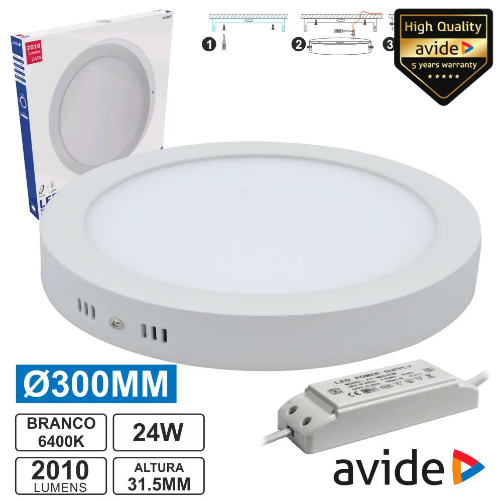 Painel Leds Redondo Superfície 24w 300mm 6400k 2010lm Avide