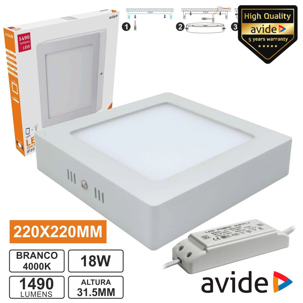 Painel Leds Quadrado Superfície 18w 220mm 4000k 1490lm 