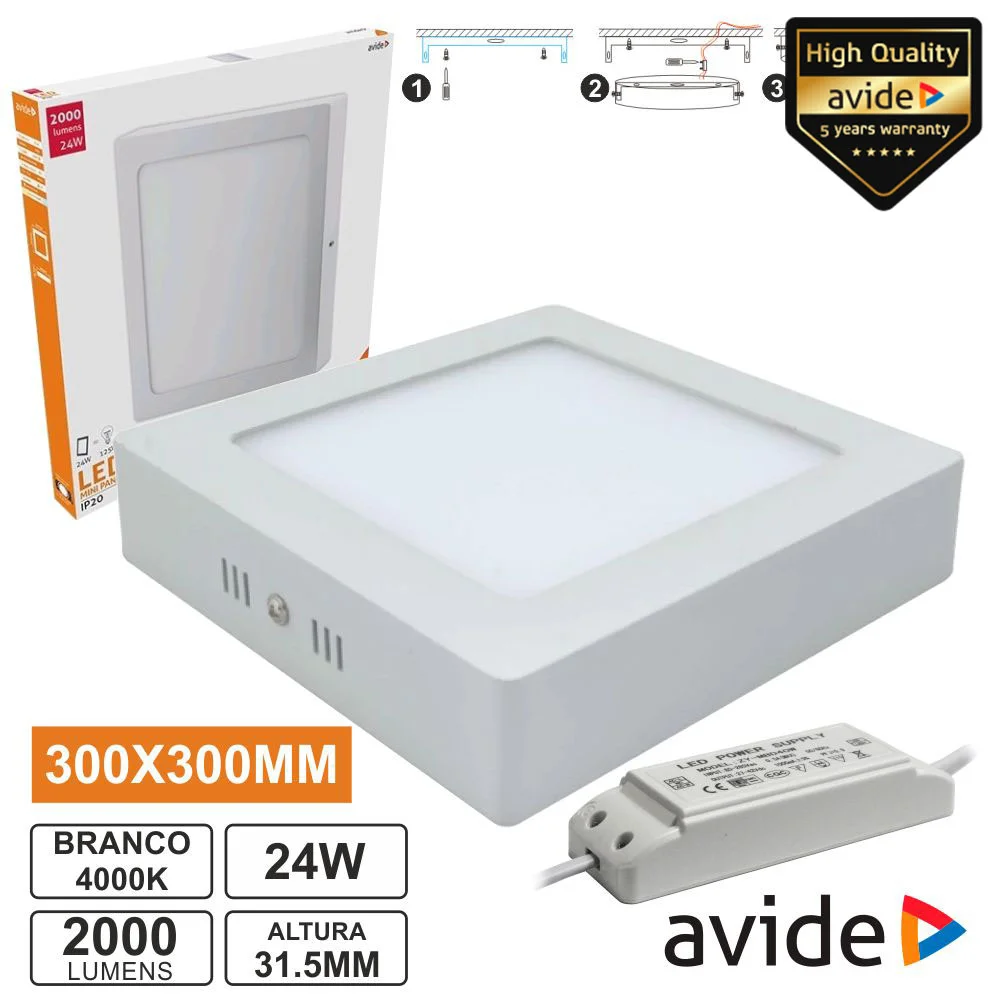 Painel Leds Quadrado Superfície 24w 300mm 4000k 2000lm Avide