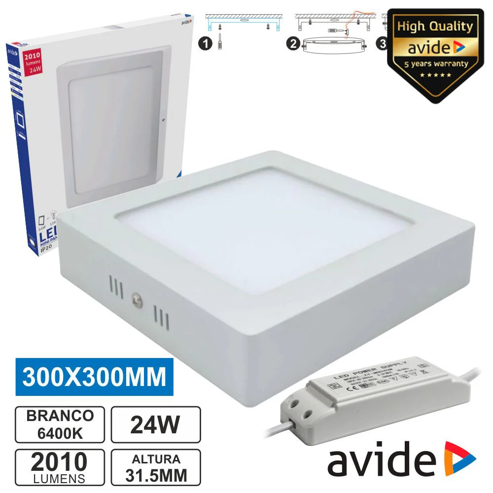 Painel Leds Quadrado Superfície 24w 300mm 6400k 2010lm Avide