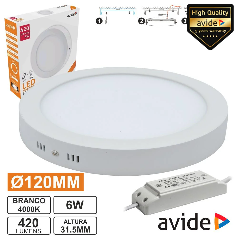 Painel Leds Redondo Superfície 6w 120mm 4000k 420lm Avide