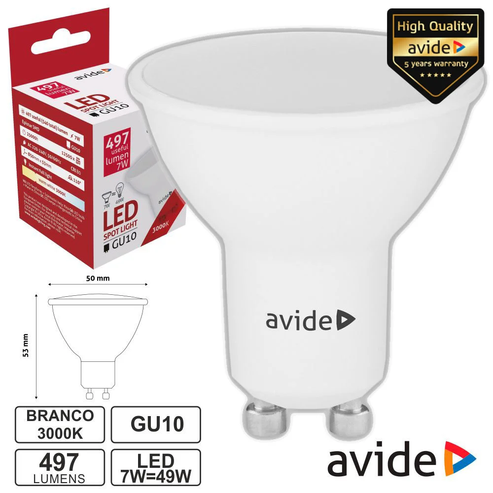 Lâmpada Led Gu10 Spot 7w 230v 3000k 497lm Avide