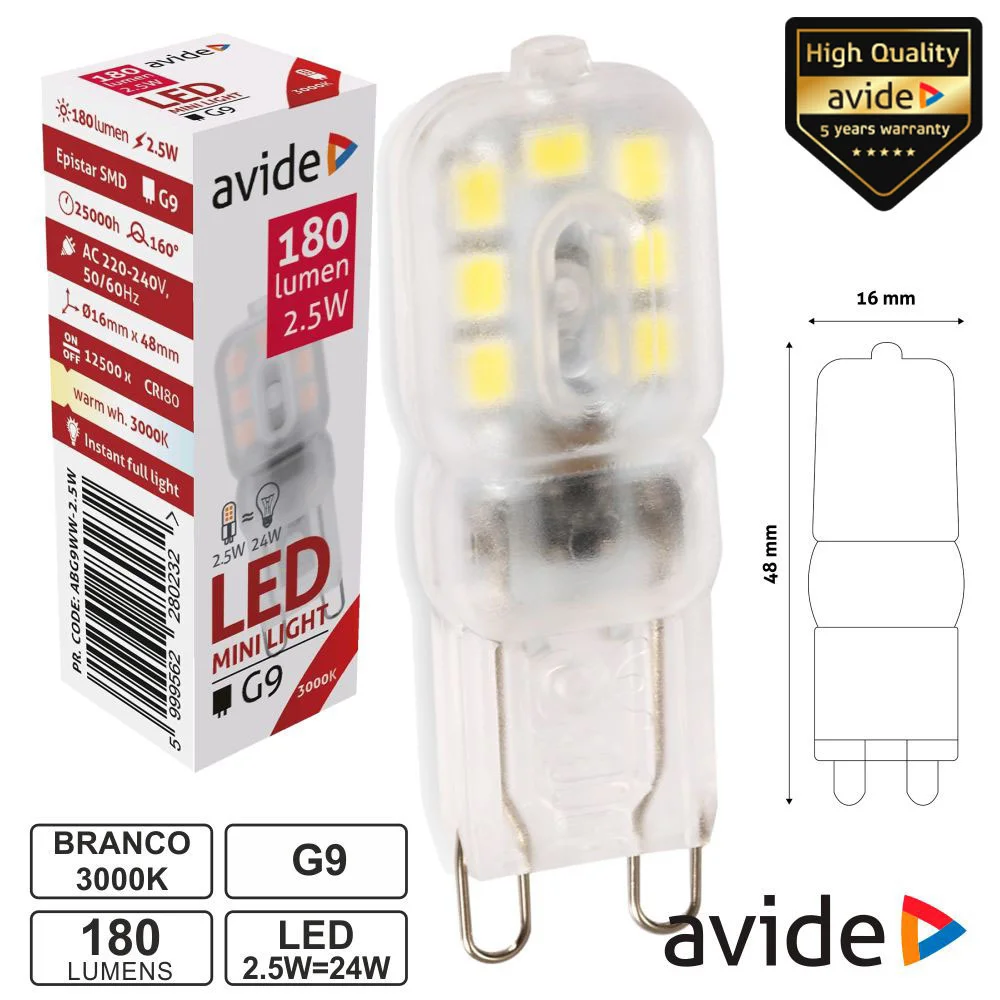 Lâmpada Led G9 2.5w 230v 3000k 180lm Avide