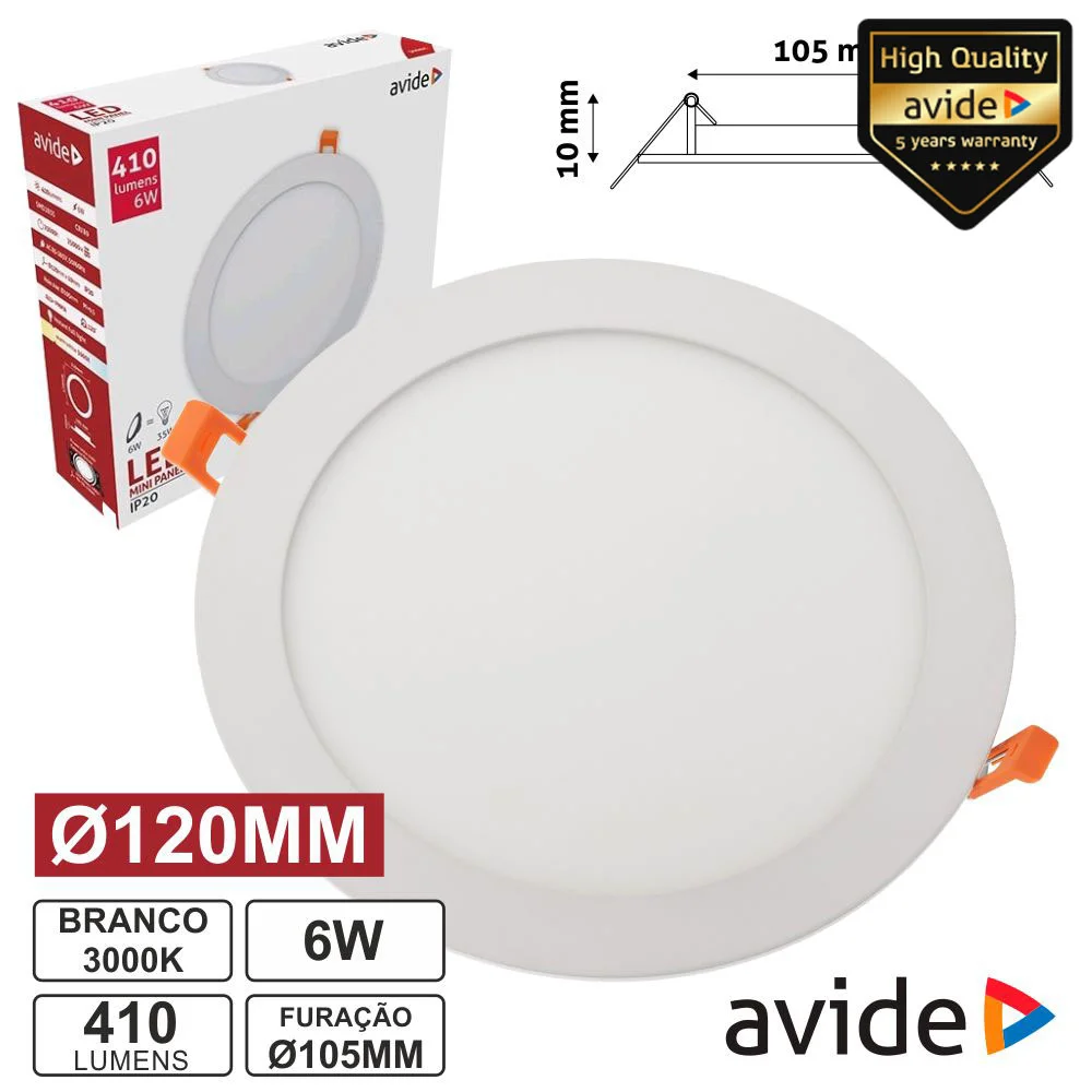 Painel Leds Redondo 6w 120mm 3000k 410lm Avide