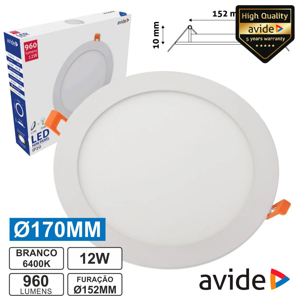 Painel Leds Redondo 12w 170mm 6400k 960lm Avide