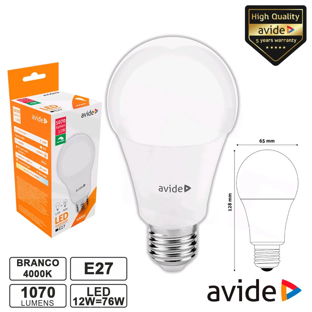 Lâmpada LED E27 Dimável Globo 12W 230V 4000k 1070lm AVIDE