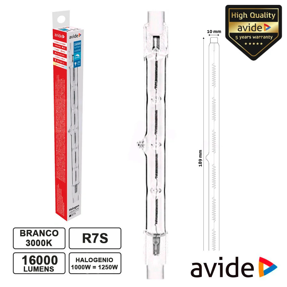 Lâmpada R7s 189mm 1000W=1250W 230V Halogéneo 16000lm AVIDE
