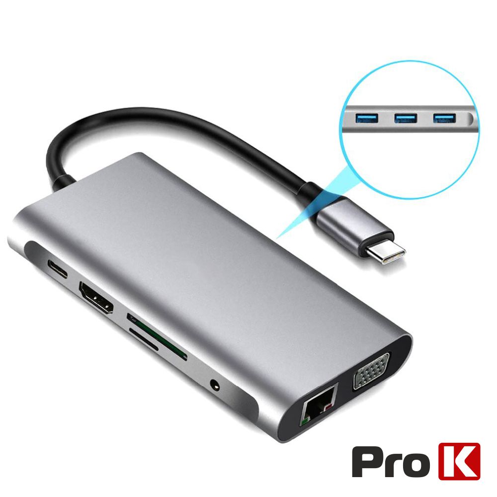 Hub USB-C P/ USB-C/ 3xUSB / VGA / HDMI / Audio/ RJ45/Cartões
